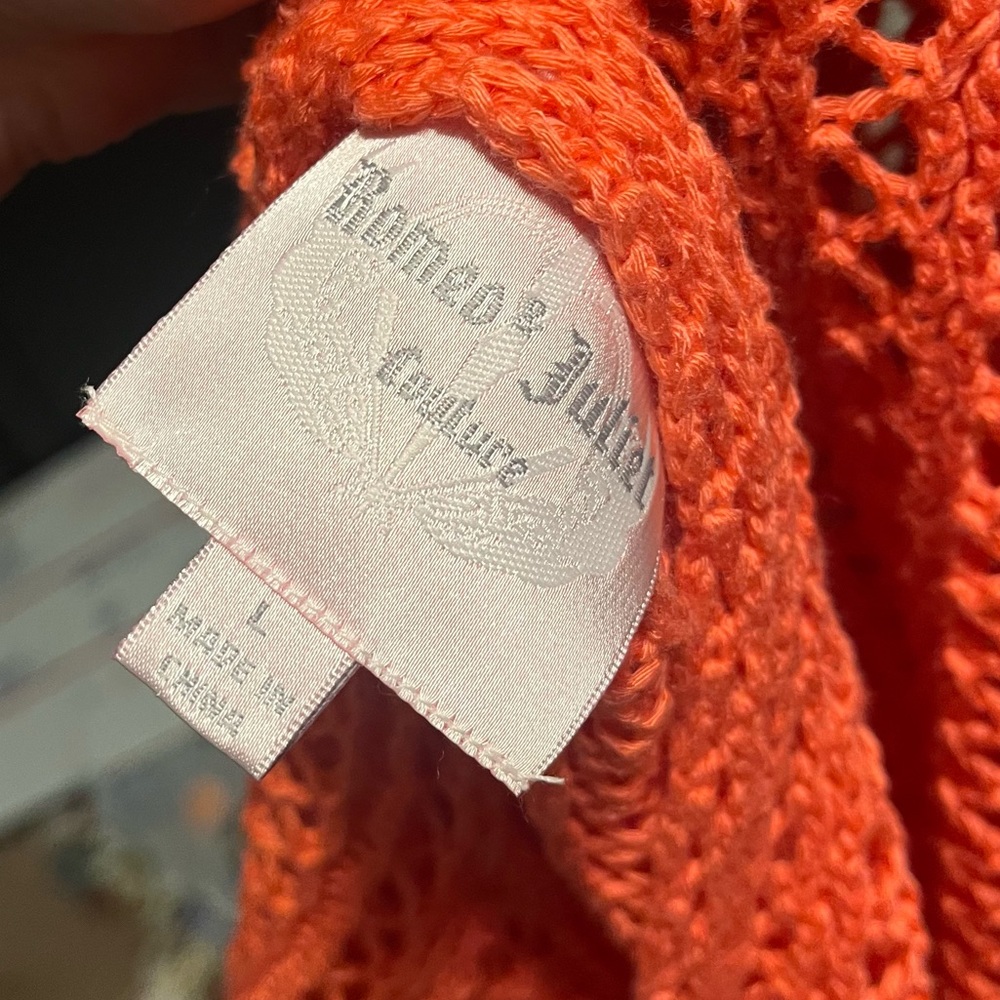Romeo + Juliet Couture Womens L Sweater Red Orange Sheer Crochet Kimono Spring - Picture 5 of 5